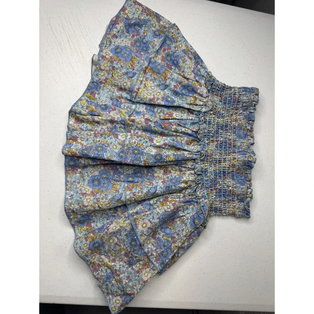 Katie J NYC Blue Floral Smocked Tiered Ruffle Mini Skirt Girls XS